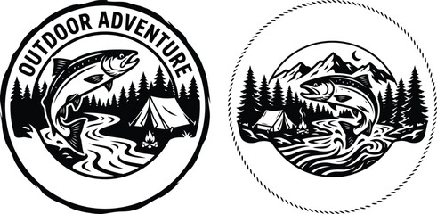 Vintage outdoor adventure emblems with fish tent and forest elements © Shohag