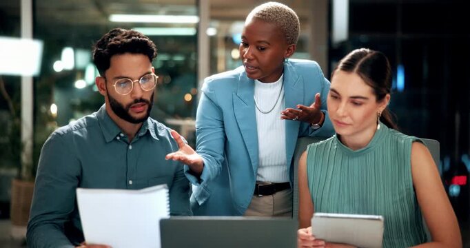 Creative, discussion and people with laptop in office, copywriting and teamwork for article at night. Colleagues, working late and research with tech, email marketing and collaboration in business