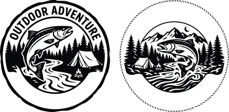 Vintage outdoor adventure emblems with fish tent and forest elements