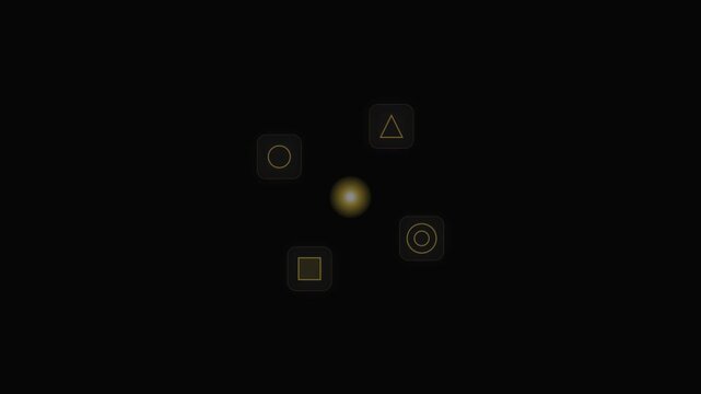 Abstract minimalist graphic design featuring glowing golden geometric shape icons on a dark black background.