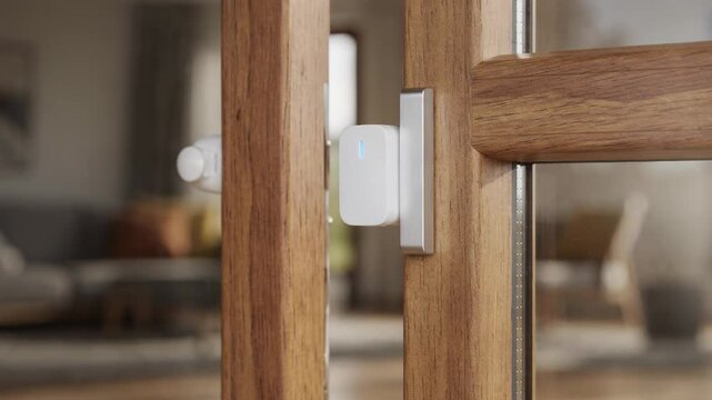 Medium shot of a wireless smart sensorequipped wood window frame focusing on its cordless setup and advanced motion detection features for enhanced home security