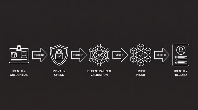 Digital identity verification process flowchart with icons on black background
