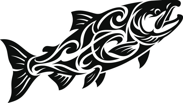 Tribal salmon illustration black and white vector graphic
