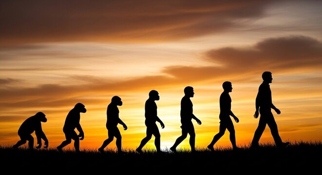 Silhouette of Human Evolution Progression from Ape to Modern Human Standing Against Sunset Sky with Dramatic Cloudscape in the Background for Educational and Scientific Use