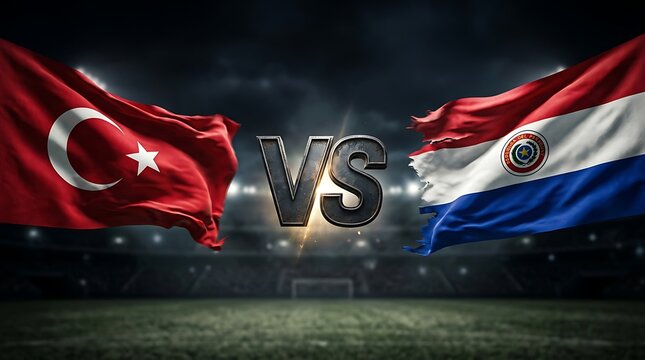 Turkiye VS Paraguay football match. An exciting 3D stadium scene featuring two national flags facing each other for a global soccer championship.