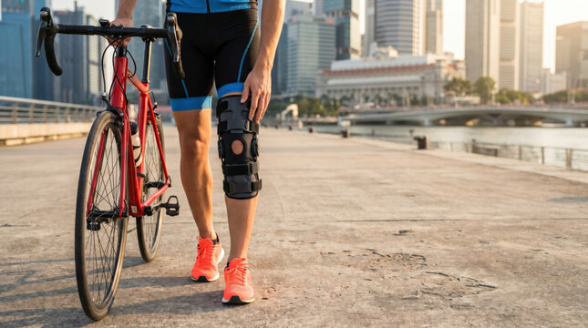 Cyclist walking with road bicycle while wearing knee brace on urban waterfront path, active recovery and sports rehabilitation concept highlighting injury recovery, resilience and return to training