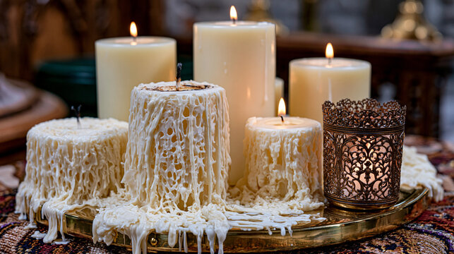 Altar candle grouping arrangement close, ivory pillar wax columns varying heights on polished brass stand, dripped wax cascade texture, snuffed wick carbon trace, votive holder filigree metalwork, s