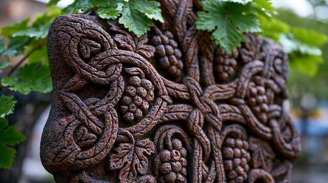 Armenian khachkar stone cross carved relief close, interlaced grape vine scroll densely carved, red tuff volcanic stone surface, medieval heritage Armenia ecclesiastical memorial panel, UNESCO herit