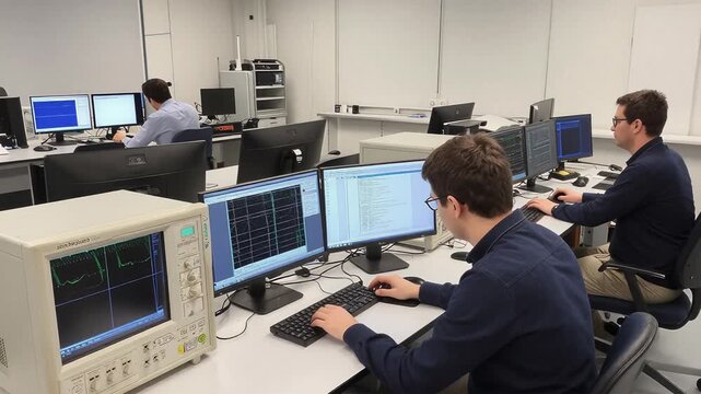 Young Male Engineer Analyzing Data on Multiple Monitors