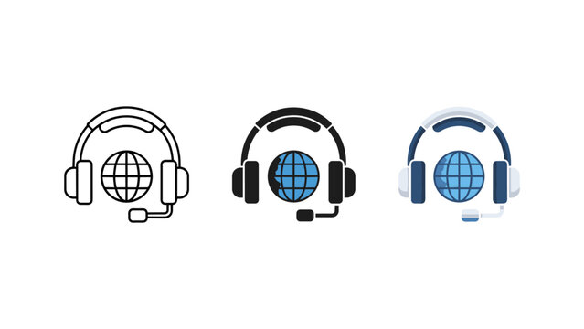 Customer service headset and globe icon set with customer communication assistant operator business