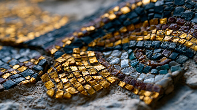 Byzantine mosaic apse detail fragment close, gold tesserae setting angle variation creating surface shimmer, vitreous glass face tile, opus vermiculatum contour joint, fifth-century heritage conserv
