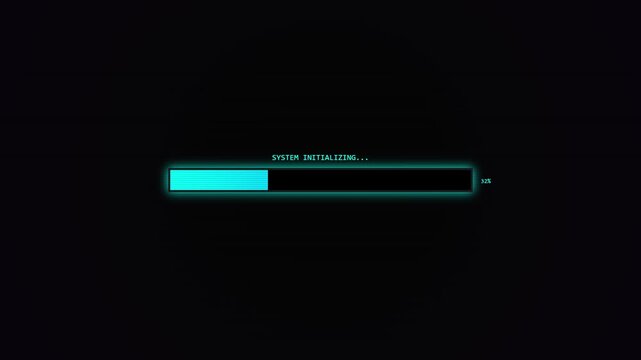 Futuristic cyan loading progress bar with system initializing text on black background.