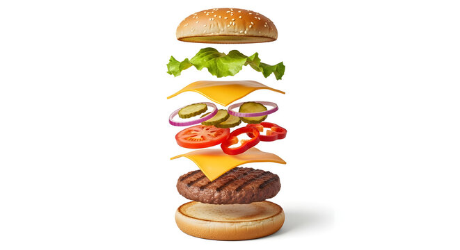 Exploded view burger with beef patty and fresh toppings