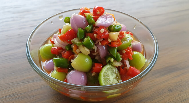 Traditional Indonesian sambal matah with sliced chili and shallot