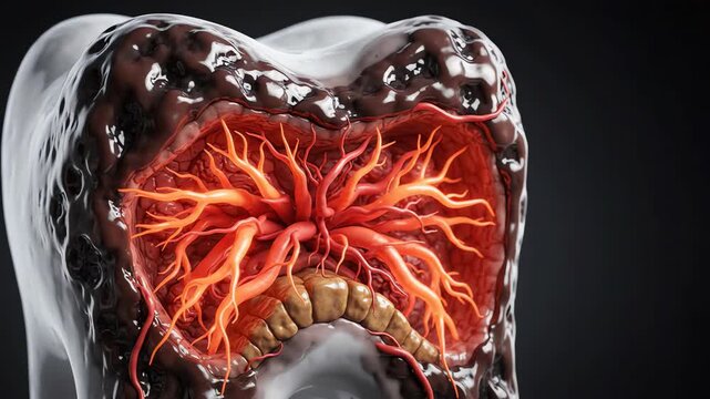 Close up cinematic 3D rendering of a dental molar with progressive caries and dark spots revealing the sensitive inner nerve structure