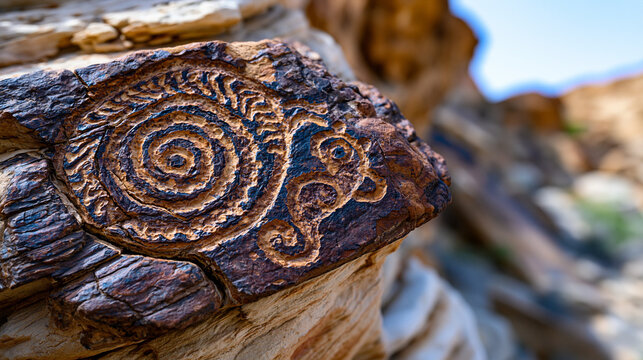 Desert sandstone cliff face petroglyphic carving close, ancient incised spiral and zoomorphic symbol patinated dark desert varnish, Holocene heritage rock art, arid erosion surface, oblique morning 