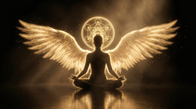 Golden Angel Wings Meditation Silhouette with Sacred Geometry Spiritual Energy Background