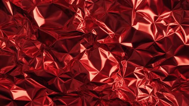 A vivid close‑up of crumpled metallic red foil, reflecting light in sharp highlights and deep shadows, creating an abstract texture with intense color and dynamic depth.