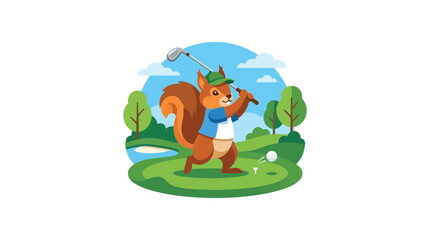 Obraz premium Cute squirrel playing golf on a sunny day, hitting a golf ball on a green course.