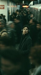 Fototapeta premium Medium shot of a calm commuter with headphones hands in coat pockets standing poised on a bustling subway platform with a blurred crowd rushing past under dim moody lighting