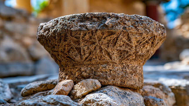 Minoan palace column base stone close, tapered inverted truncated cone form, volcanic tuff surface erosion, Knossos Aegean Bronze Age heritage archaeology, raking afternoon Mediterranean light .ultr
