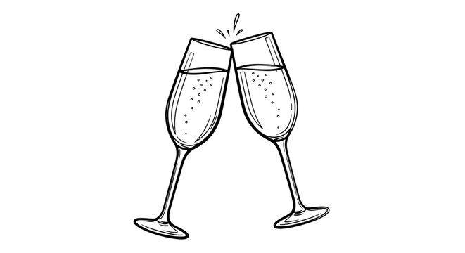Champagne glasses toasting line art illustration isolated on transparent background