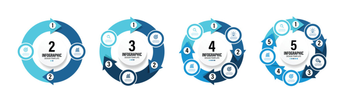 Circle arrows infographics set. Circular arrows with 2-5 steps, options. circular arrow infographic. Business infographics. Process chart, cycle diagram for business presentation, report, brochure. 