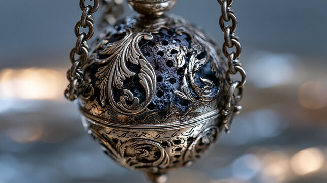 Ornate silver thurible hanging stationary on chain, etched ecclesiastical foliate scroll decoration, smoke residue patina inside perforated globe, Catholic liturgical incense vessel, studio negative