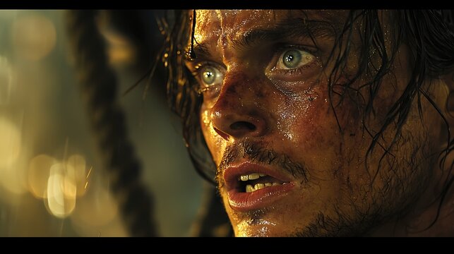 Close up of a man's face sweaty and bruised with intense blue eyes and dirty hair