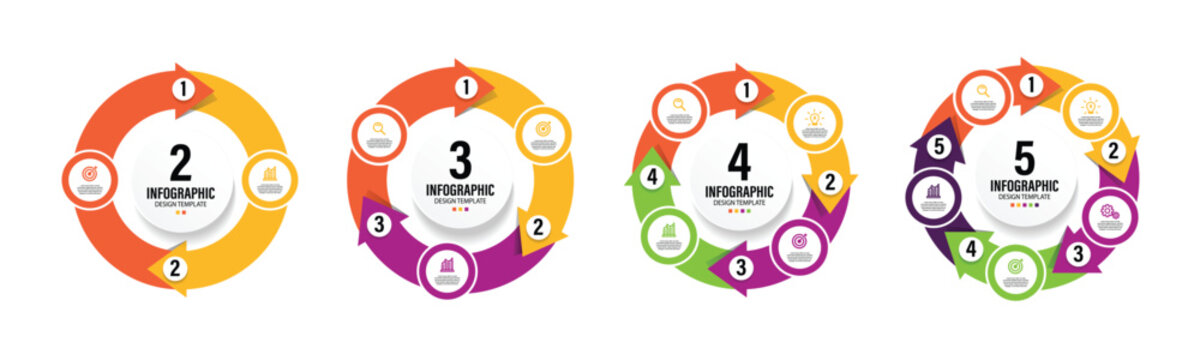 Circle arrows infographics set. Circular arrows with 2-5 steps, options. circular arrow infographic. Business infographics. Process chart, cycle diagram for business presentation, report, brochure. 