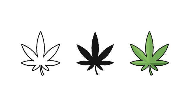 Cannabis leaf vector icons in outline solid and colored styles with cannabis marijuana botanical isolated
