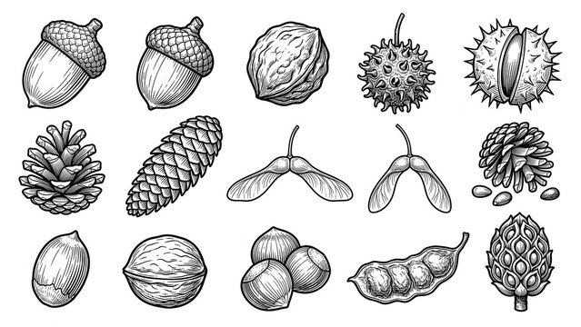 Hand drawn sketch collection of various pine cones and acorns vector illustration