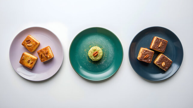 Colorful Plates with Assorted Desserts on White Table