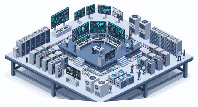 Isometric illustration of a futuristic control room with multiple computer screens.