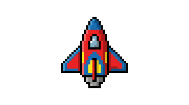 Retro pixel art rocket ship, vintage space travel, 8-bit game design