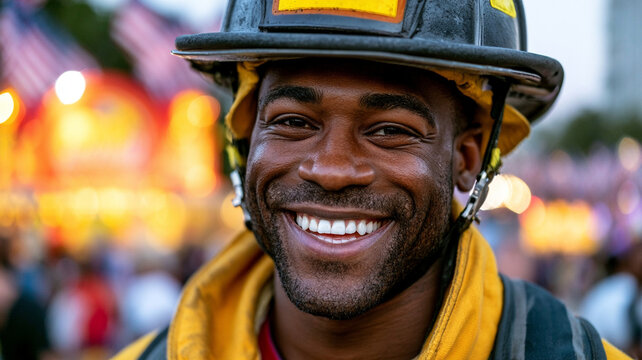 A firefighter in uniform against the background of the USA Fair.
