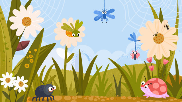 Bug community illustration with flowers and grass whimsical vector artwork