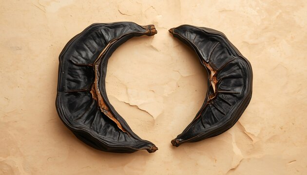 Two Highly Shriveled Deep Black Kudampuli Pod Slices on Sandstone