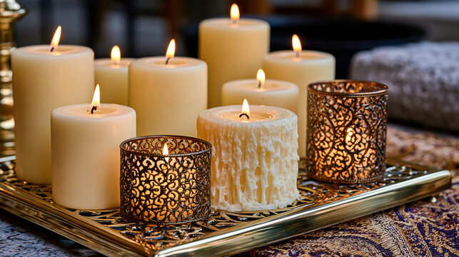 Altar candle grouping arrangement close, ivory pillar wax columns varying heights on polished brass stand, dripped wax cascade texture, snuffed wick carbon trace, votive holder filigree metalwork, s
