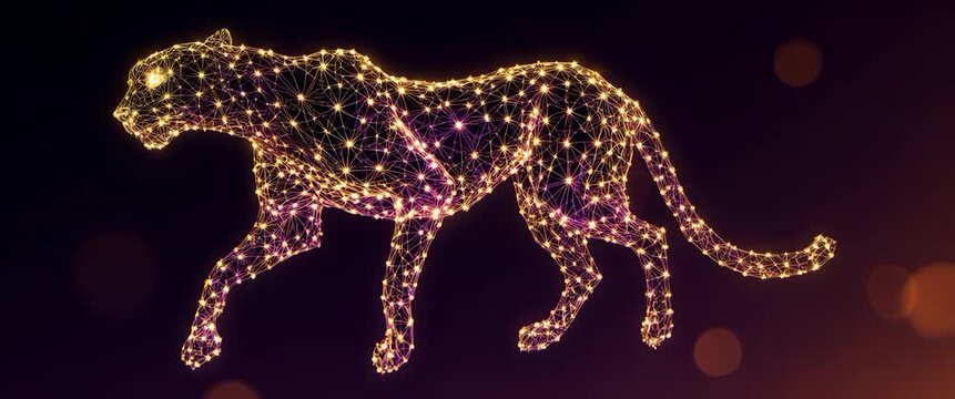 Digital 3D Cheetah Silhouette Made of Fast Glowing Molecular Lines