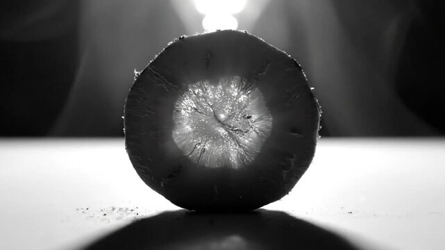 Black and white close-up of a sliced root vegetable with a bright light and atmospheric smoke in the background.