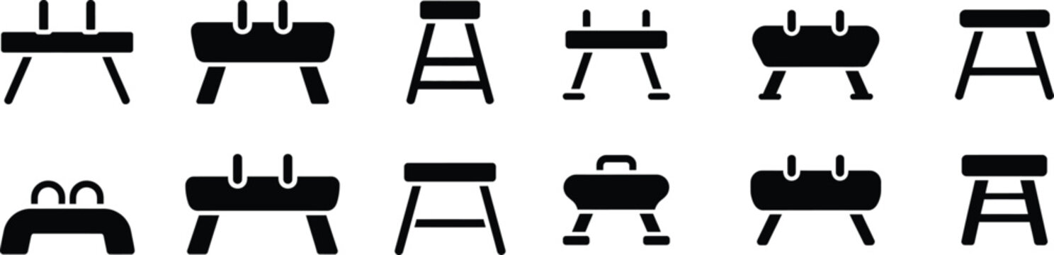 Gymnastics pommel horse and vaulting box icons set, collection of various gym equipment for vaulting and acrobatic exercises.