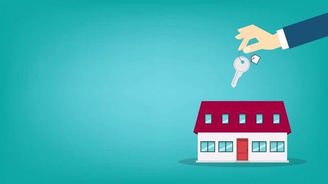 Hand holding key over the house. House buying 4k video animation	