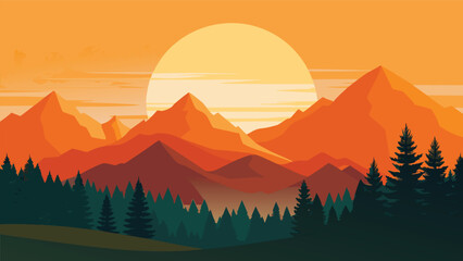 Vibrant mountain range at sunset with coniferous forest in foreground flat design vector illustration © Akhi-Store