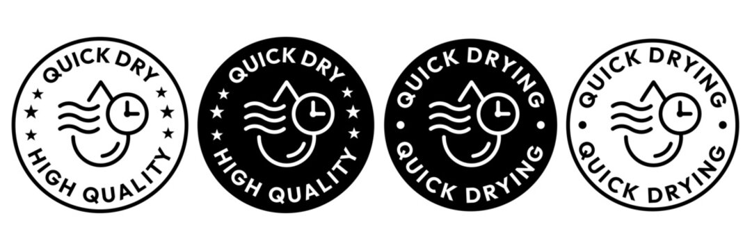 Quick dry icon set. Quick fast clock dry wet clothes symbol. Quick dry label, logo, badge, sticker, emblem, circle, black, vector, isolated illustration. Quick drying label product packaging design.