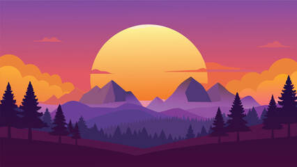 Vibrant sunset over layered mountains and pine forest gradient sky vector illustration for nature and travel themes © Akhi-Store