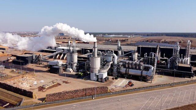 Elevated Photograph Capturing Pulp Mill With Chimneys And Warehousing. Birdseye View Of Industrial Pulp Processing Facility Featuring Smokestacks And Multiple Storage Zones