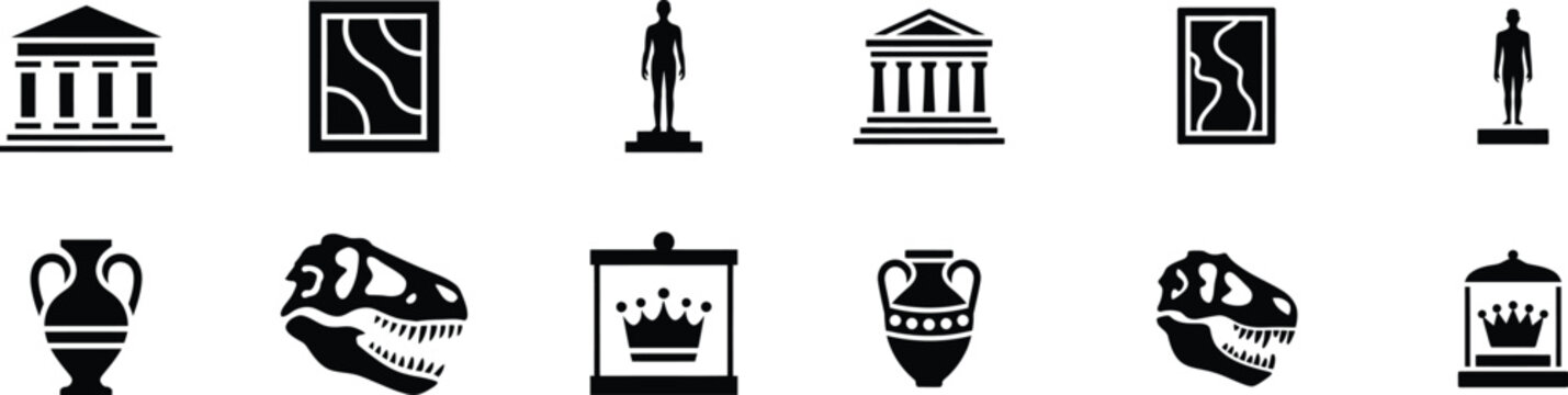 Museum exhibition icons featuring ancient temple architecture greek vases dinosaur fossils gallery paintings and classical cultural artifacts.