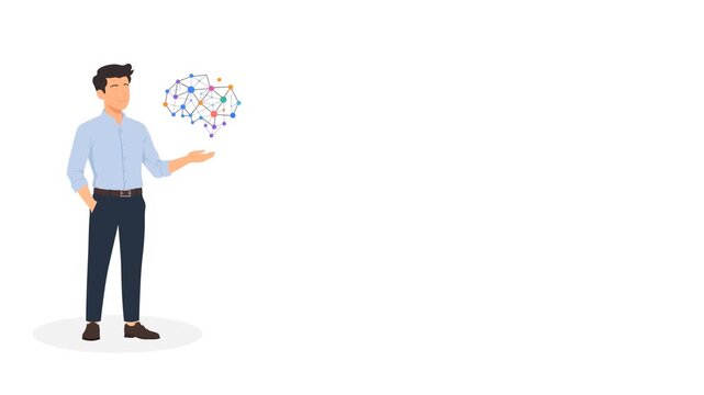 Businessman Holding Digital Brain Network Concept Animation With Copy Space. Minimal Flat Design Animation. Connected Ideas. Creative Brainstorming and Strategic Thinking Or Artificial Inelegance 