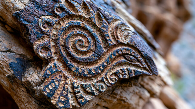 Desert sandstone cliff face petroglyphic carving close, ancient incised spiral and zoomorphic symbol patinated dark desert varnish, Holocene heritage rock art, arid erosion surface, oblique morning 